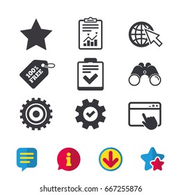 Star favorite and globe with mouse cursor icons. Checklist and cogwheel gear sign symbols. Browser window, Report and Service signs. Binoculars, Information and Download icons. Stars and Chat. Vector
