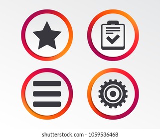 Star favorite and menu list icons. Checklist and cogwheel gear sign symbols. Infographic design buttons. Circle templates. Vector