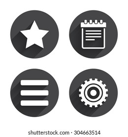 Star favorite and menu list icons. Notepad and cogwheel gear sign symbols. Circles buttons with long flat shadow. Vector