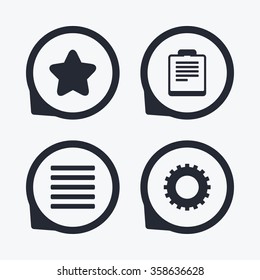 Star favorite and menu list icons. Checklist and cogwheel gear sign symbols. Flat icon pointers.