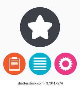 Star favorite and menu list icons. Checklist and cogwheel gear sign symbols. Circle flat buttons with icon.