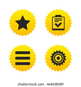 Star favorite and menu list icons. Checklist and cogwheel gear sign symbols. Yellow stars labels with flat icons. Vector