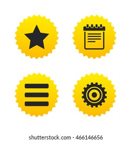 Star favorite and menu list icons. Notepad and cogwheel gear sign symbols. Yellow stars labels with flat icons. Vector