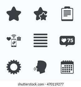 Star favorite and menu list icons. Checklist and cogwheel gear sign symbols. Flat talking head, calendar icons. Stars, like counter icons. Vector