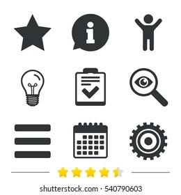 Star favorite and menu list icons. Checklist and cogwheel gear sign symbols. Information, light bulb and calendar icons. Investigate magnifier. Vector