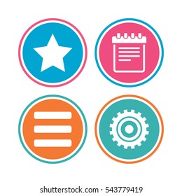 Star favorite and menu list icons. Notepad and cogwheel gear sign symbols. Colored circle buttons. Vector
