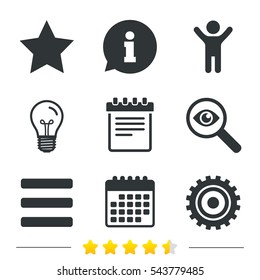 Star favorite and menu list icons. Notepad and cogwheel gear sign symbols. Information, light bulb and calendar icons. Investigate magnifier. Vector