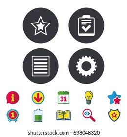 Star favorite and menu list icons. Checklist and cogwheel gear sign symbols. Calendar, Information and Download signs. Stars, Award and Book icons. Light bulb, Shield and Search. Vector