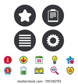 Star favorite and menu list icons. Checklist and cogwheel gear sign symbols. Calendar, Information and Download signs. Stars, Award and Book icons. Light bulb, Shield and Search. Vector
