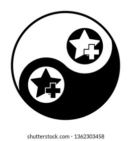 Star favorite sign icon with plus glyph. Vector. Black and white icon inside circles of yin and yang symbol at white background.