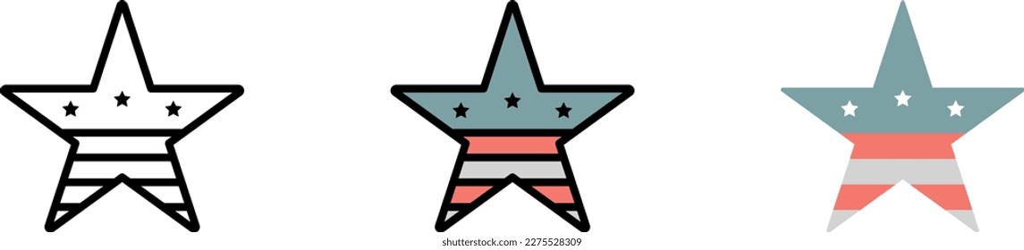 Star favorite USA flag vector icon in different styles. Line, color, filled outline