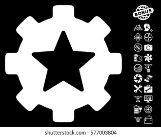 Star Favorites Options Gear pictograph with bonus copter service design elements. Vector illustration style is flat iconic white symbols on black background.