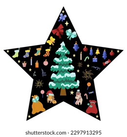 star with festive Christmas elements. A set of elements of the New Year's holiday. Vector illustration in a flat cartoon style