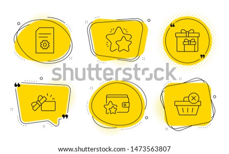 Star, File settings and Delete purchase signs. Chat bubbles. Opened gift, Delivery boxes and Loyalty program line icons set. Present box, Birthday gifts, Bonus wallet. Customer feedback. Vector