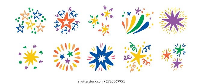 Estrela fogo de artifício colorido conjunto coleção doodle ícone desenhado à mão. Símbolo de clipart de linha cintilante de desenho de contorno. Ilustração vetorial