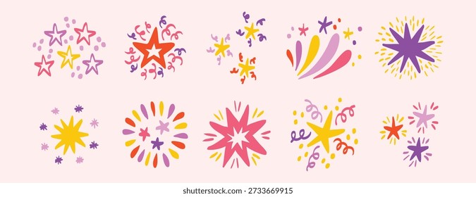 Estrella de fuegos artificiales rosa girly set colección doodle dibujado a mano icono. Símbolo de Clipart de línea de chispa de dibujo de esquema. Ilustración vectorial