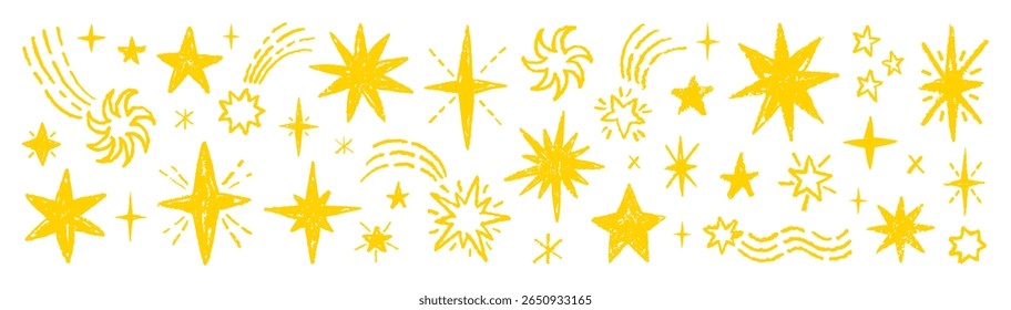 Star firework vector line icon. Hand drawn star element background. Firework sparkle illustration, doodle crayon sketch pattern. Brush spark shape. Pencil brush marker light burst set. Party sky bg