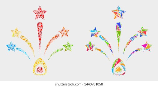 Star fireworks collage icon of triangle items which have various sizes and shapes and colors. Geometric abstract vector illustration of star fireworks.