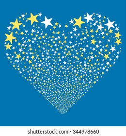 Star Fireworks Heart vector illustration. Style is yellow and white bicolor flat stars, blue background.