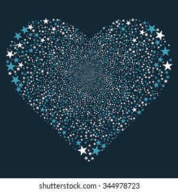 Star Fireworks Heart vector illustration. Style is blue and white bicolor flat stars, dark blue background.