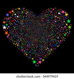 Star Fireworks Heart vector illustration. Style is bright multicolored flat stars, black background.