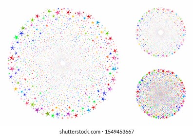 Star fireworks sphere composition of rugged parts in various sizes and color tinges, based on star fireworks sphere icon. Vector rugged parts are composed into illustration.