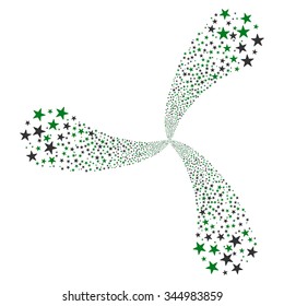 Star Fireworks Swirl With Three Petals vector illustration. Style is green and gray bicolor flat stars, white background.