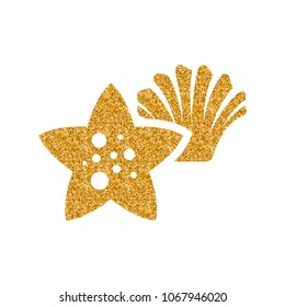 Star Fish Icon In Gold Glitter Texture. Sparkle Luxury Style Vector Illustration.