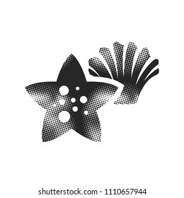 Star fish icon in halftone style. Black and white monochrome vector illustration.