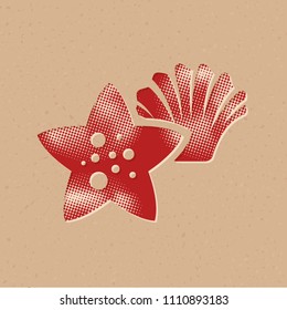 Star fish icon in halftone style. Grunge background vector illustration.