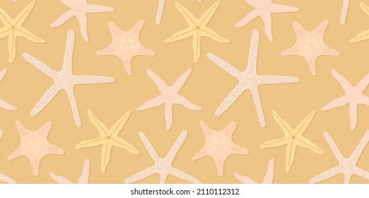 Star fish on tropical beach coast seamless pattern. Summer marine animal background design. Vacation travel concept. Starfish flat cartoon backdrop illustration.