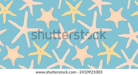 Star fish seamless pattern. Summer marine animal background design. Vacation travel concept. Starfish flat cartoon backdrop illustration.
