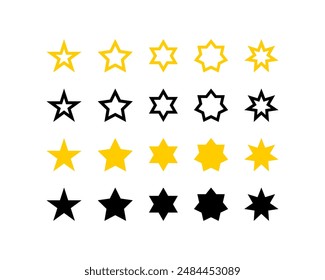 Star. Five Stars in different shapes. Stars gold and black color. Stars collection. Star Vector Icon