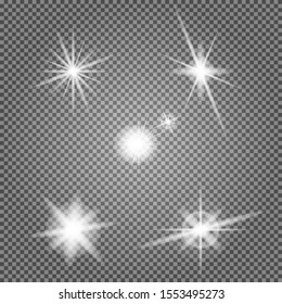 Star flare vector set. Lens light effect. Special flash lightning ray isolated on transparent background. Camera headlamp highlight twinkle. Abstract circle sparkle. Magical glowing collection