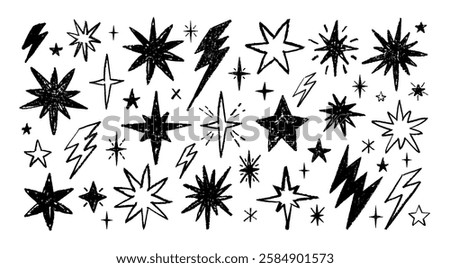 Star and flash doodle scribble icons. Rock and punk lightning, hand drawn line sketch vector. Music thunder crayon cartoon set. Stars and flash fire brush illustration. Chalk crayon texture element bg