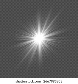 Estrella destelló con el sol brillante aislado en el fondo blanco. Resplandor suave, luz del sol con efecto de destello de la lente. 