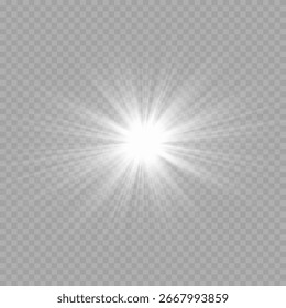 Estrella destelló con el sol brillante aislado en el fondo blanco. Resplandor suave, luz del sol con efecto de destello de la lente. 