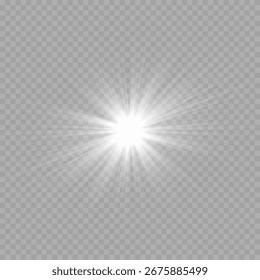 Estrella destelló con el sol brillante aislado en el fondo blanco. Resplandor suave, luz del sol con efecto de destello de la lente. 