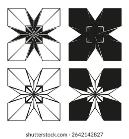Star floral forms. Symmetric sharp petals. Geometric flower icons. Vector abstract design.