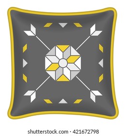 Star flower and arrows pattern. Decorative throw pillow, patterned pillowcase. Isolated on white. Vector illustration. Cushion pillow with grey and yellow abstract geometric pattern 