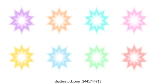 Star, flower or explosion shapes in holographic blurry style. Firework, flash or bling icons isolated on a white background. Set of trendy y2k stickers with gradient aura effect. Vector illustration.