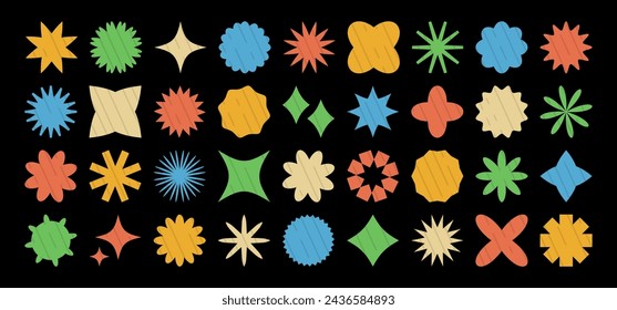 Forma de estrella y flor, elemento retro y2k, símbolo abstracto de la chispa, conjunto del icono del color del resplandor, insignia geométrica, pegatina funky gráfica aislada en fondo blanco. Ilustración vectorial de dibujos animados