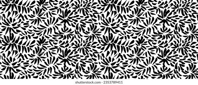Estrella   flores sin costura en estilo de pincel. Flores grunges de estilo japonés textura en blanco y negro. Fondo de flores a mano libre. Fondo de flor gráfico. Motivos florales de cepillo seco. 