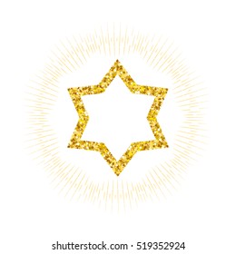 Star form with gold glitter effect. Traditional Jewish symbols. Jewish star isolated on white background. Vector illustration with a brilliant star and rays around the star.
