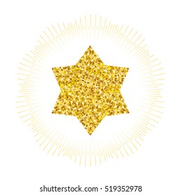 Star form with gold glitter effect. Traditional Jewish symbols. Jewish star isolated on white background. Vector illustration with a brilliant star and rays around the star.