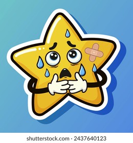 Star form yellow sticker with emoticon. Cute cartoon design. Sweaty and tired character. Sick face. Holding hands together. Isolated on blue background. Vector illustration