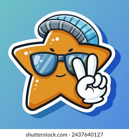 Star form yellow sticker with retro emoticon. Cute cartoon design. Wearing beret and sunglasses. Stylish greeting emotion expression. Isolated on blue background. Vector illustration
