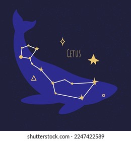 Formación estelar o formación de pleiad de ballena. Constelación de ceto, astrología y exploración de cuerpos y objetos celestes en el cosmos y el universo espacial. Vector en ilustración de estilo plano