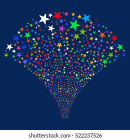 Star Fountain Fireworks vector image. Style is bright multicolored flat stars, blue background.
