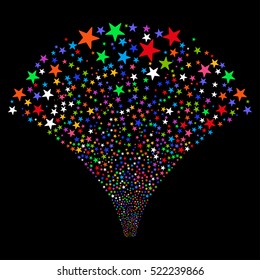 Star Fountain Fireworks vector image. Style is bright multicolored flat stars, black background.